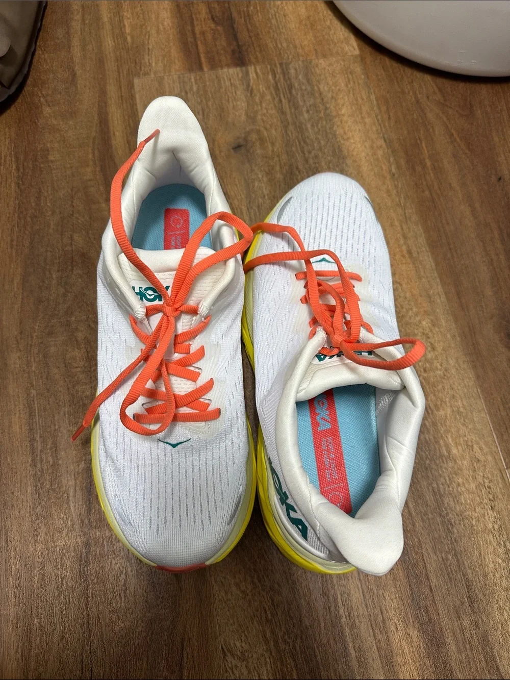 Hoka Women's White Running Shoes with Coral Laces and Yellow Midsole